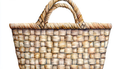 Woven basket with natural reed design and sturdy handles isolated design on white background