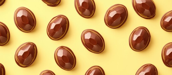 Seamless chocolate egg halves on vibrant yellow background perfect for wallpaper and textile design promoting sweetness and indulgence.