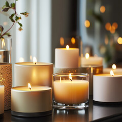 Softly glowing candles illuminate cozy setting, creating warm and inviting atmosphere. flickering flames reflect beautifully, enhancing serene ambiance