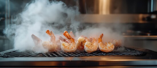 Grilled shrimp cooking on a BBQ grill with smoke creating an appetizing atmosphere in a modern kitchen setting