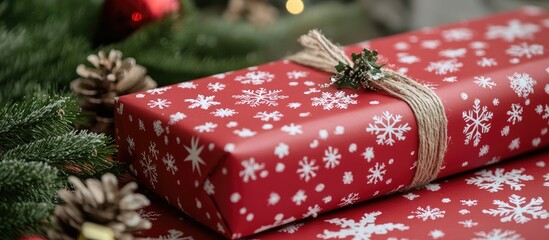 Seamless snowflake pattern on vibrant red wrapping paper perfect for festive gift decoration and holiday celebrations