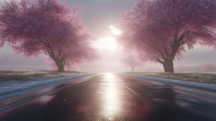 Pink blossom trees line a snowy road at sunrise.