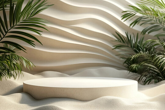 Podio de playa, fondo de verano con arena. Plataforma de visualizaci&oacute;n de productos 3D.