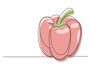 Continuous one line red bell pepper isolated on white background. Simple vegetable silhouette. Hand drawn bell pepper outline. Vector illustration