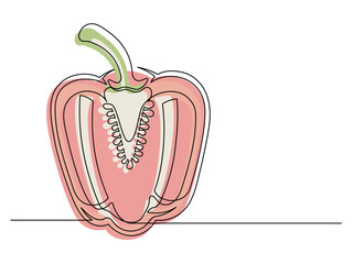Continuous one line of sliced red bell pepper isolated on white background. Simple silhouette of vegetable. Hand drawn red bell pepper outline. Vector illustration
