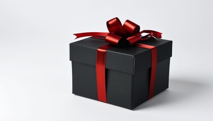 Obraz premium Elegant Black Gift Box with Red Ribbon Bow on a Light Background in High Resolution