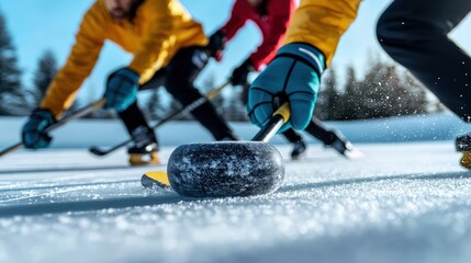 A curling stone gliding across the ice while players sweep intensely to guide its path