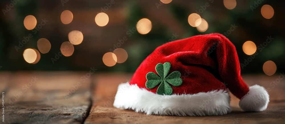 Canvas Prints Santa Hat with Shamrock Design on Rustic Wood Background with Christmas Lights Bokeh