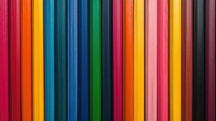 Obraz premium Vertical arrangement of vibrant colored pencils showcasing a spectrum of hues on a plain background ideal for creative design projects.