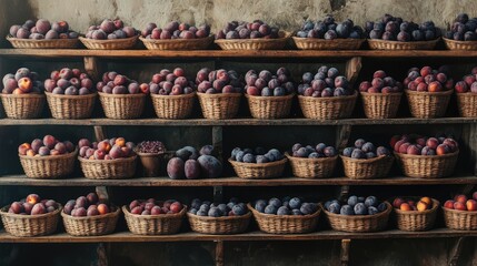 Fototapeta premium Freshly Harvested Organic Plums and Peaches Displayed in Wooden Baskets at a Roadside Market Stand Summer Fruit Stall