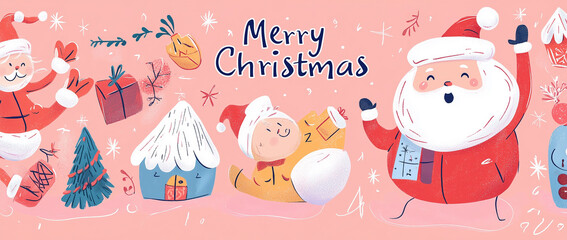 Festive Christmas illustration with Santa, presents, and holiday decorations.	