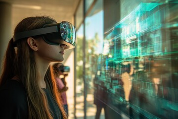 Young woman exploring virtual reality using advanced VR headset technology