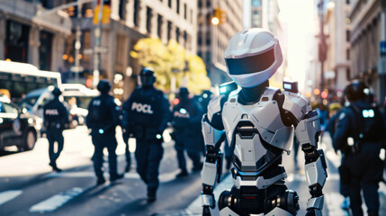 Humanoid robot and police officers in a city street
