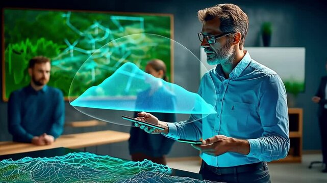 A scientist analyzes a 3D style holographic map in a high-tech lab with colleagues in the background. Concept of innovation and the future of geographic technology.