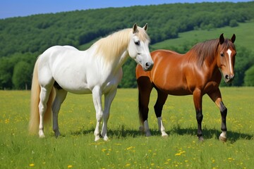 Obraz premium there are two horses standing in a field of grass with trees in the background