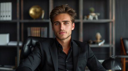 Man Portrait In Interior (Inside). Face, Hair, Skin, Casual, He is Young, Millennial (20, 25, 30, 35 years old), Handsome and Model. 