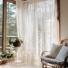 bright and airy room featuring delicate lace curtains, cozy chair, and potted plants, creating serene and inviting atmosphere. Natural light filters through curtains, enhancing peaceful ambiance