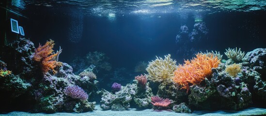 Naklejka premium Vibrant underwater coral reef ecosystem illuminated by shifting light showcasing diverse marine life and colorful corals