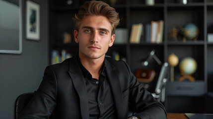 Man Portrait In Interior (Inside). Face, Hair, Skin, Casual, He is Young, Millennial (20, 25, 30, 35 years old), Handsome and Model. 