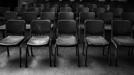 Obraz premium Empty rows of worn chairs in a dimly lit auditorium creating a nostalgic and abandoned atmosphere for educational or event settings