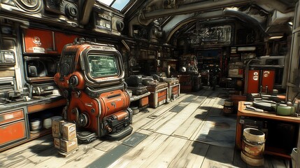 Rusty, cluttered spaceship workshop interior.