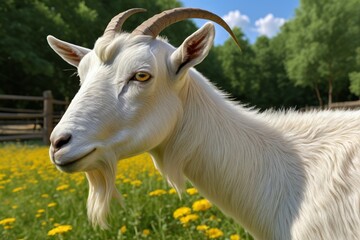 there is a goat with horns standing in a field of flowers