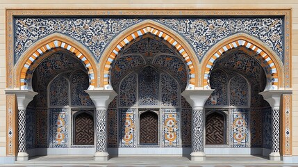 Obraz premium Ornate Islamic architecture with arches and intricate tilework.