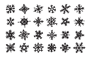 Black snowflakes set, winter vector illustration. Collection doodle snowflake icons, crystal ornament. Design element for new year, Christmas cards. Simple hand drawn snow flakes. Winter atmosphere.
