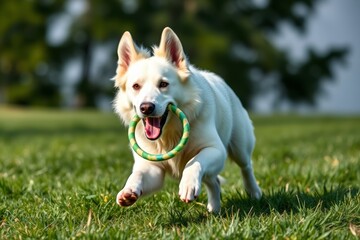 there is a white dog running with a toy in its mouth