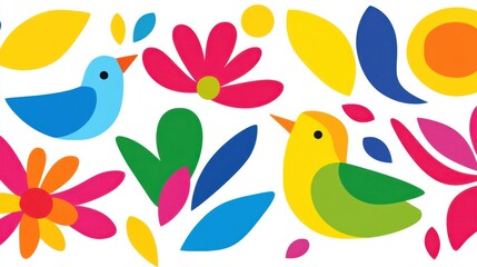 Naklejka premium Colorful Abstract Design with Birds and Flowers in Playful Style