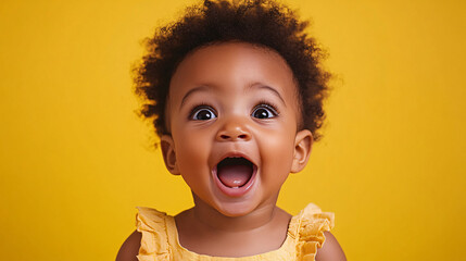 Joyful Baby Girl on Yellow Background
