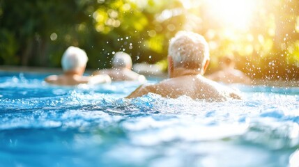 A group of seniors enjoying water aerobics in a sunlit pool