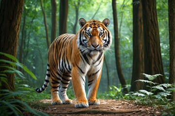 Obraz premium there is a tiger walking in the woods with trees in the background