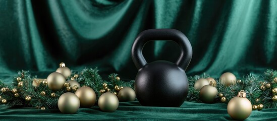Black kettlebell on a rich green backdrop adorned with festive Christmas ornaments and greenery creating a holiday workout theme