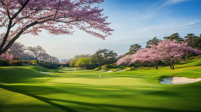 An elegant golf course surrounded by cherry blossom trees in spring, Golf clubs set amidst blooming sakura, Sakura elegance style