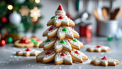 Christmas tree made of cookies in a macro shot, creative and sweet decor for New Year and Christmas, the perfect gift for sweet tooths.