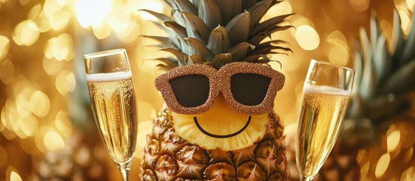 Cheerful pineapple character in sunglasses celebrating birthday with champagne glasses on a golden backdrop perfect for festive greetings - Powered by Adobe