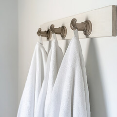 Soft white towels hanging on stylish wall mounted rack, adding elegance to bathroom. hooks are designed for functionality and aesthetic appeal, creating serene atmosphere