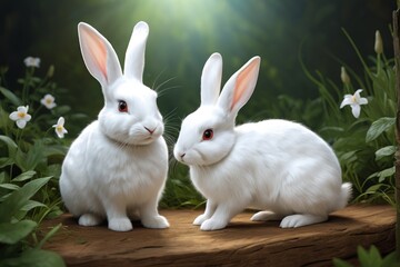 Obraz premium there are two white rabbits sitting on a log in the grass