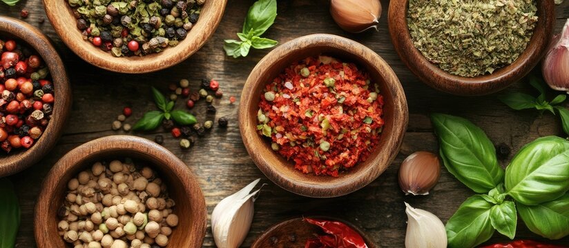 Vibrant collection of spices and herbs in wooden bowls showcasing culinary delights to enhance gastronomic experiences