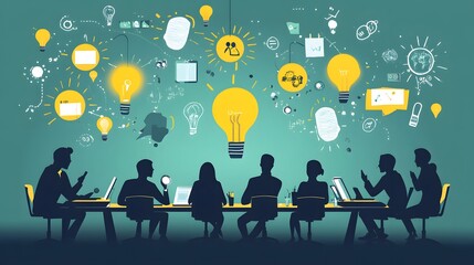 A group of people brainstorming together in a creative workspace filled with ideas and innovation