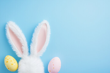Easter Bunny Ears and Colorful Eggs on Lilac Background Perfect for Holiday and Spring Vibes