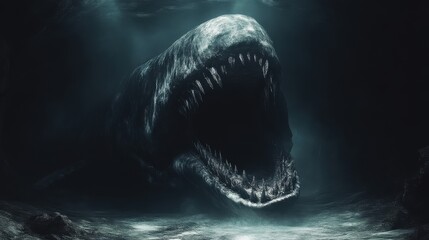 Underwater monster with open mouth, dark abyss.