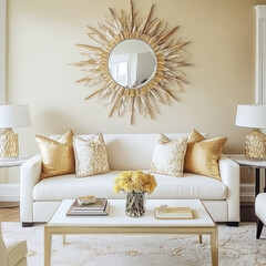 Luxurious living room with white sofa, gold accents, and decorative pillows. round mirror and stylish lamps enhance elegant atmosphere, creating warm and inviting space