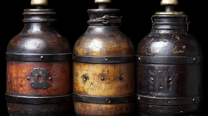 A set of three vintage wooden bottles with metal bands and intricate details, placed against a dark background.