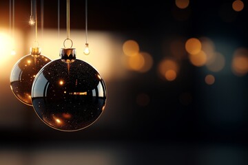 Elegant black Christmas ornaments sparkling against a blurred festive backdrop