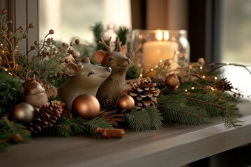 Christmas decorations featuring rustic animal figurines on a wooden shelf with candlelight