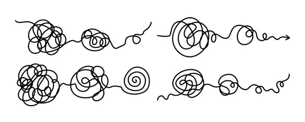 Fototapeta premium Set untangling lines, showcasing a continuous, flowing thread that twists and turns. Symbolizes complexity and movement. Tangled disorder turns into order line. Isolated unraveling line set.