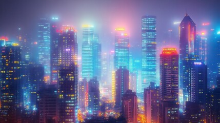 Night cityscape, hazy skyscrapers, colorful lights.