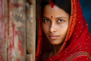 Portrait of a young indian woman wearing a traditional red sari and bindi